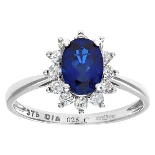 Sapphire and Diamond Round Brilliant 0.25ct 9ct Oval Cluster White Gold Ring