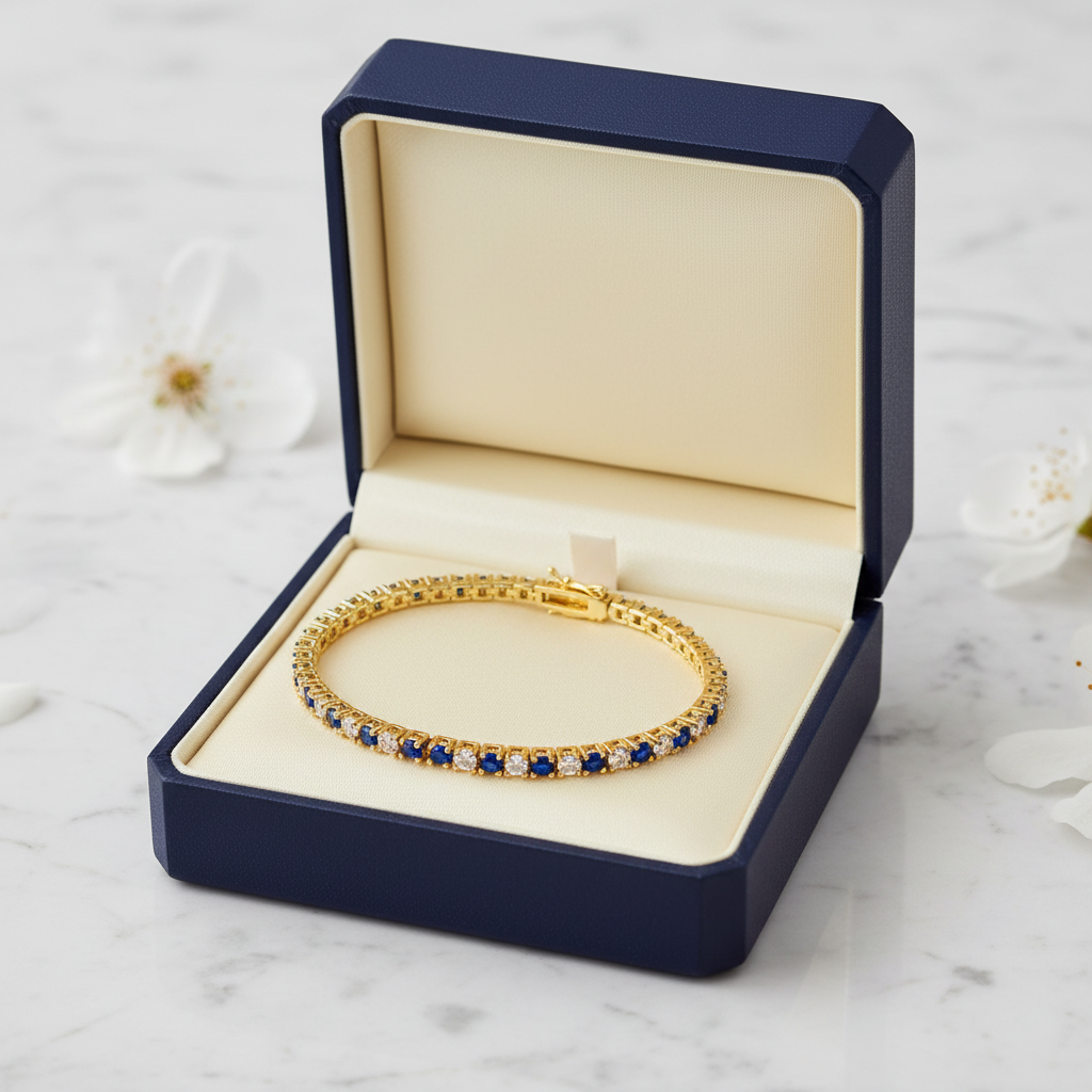 Sapphire tennis bracelet in a navy gift box