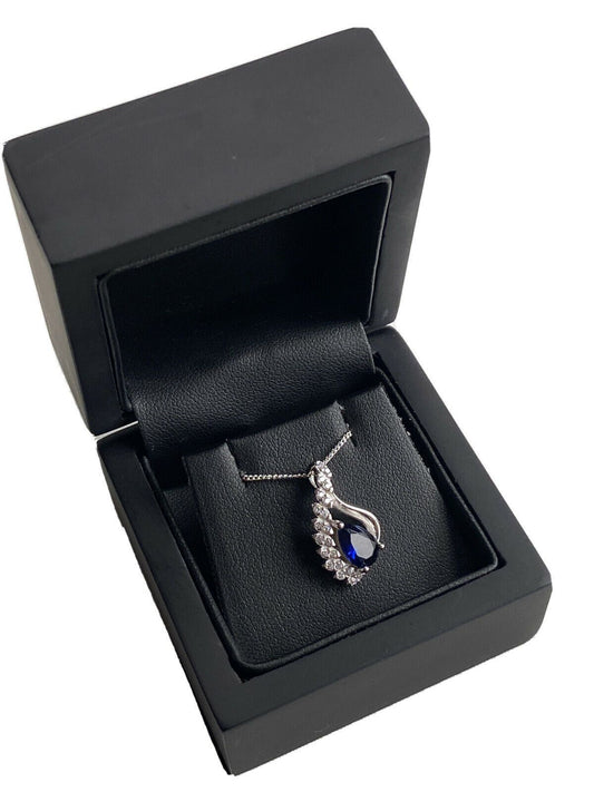 White gold finish sapphire And Created Diamond Feather Design pendant Necklace