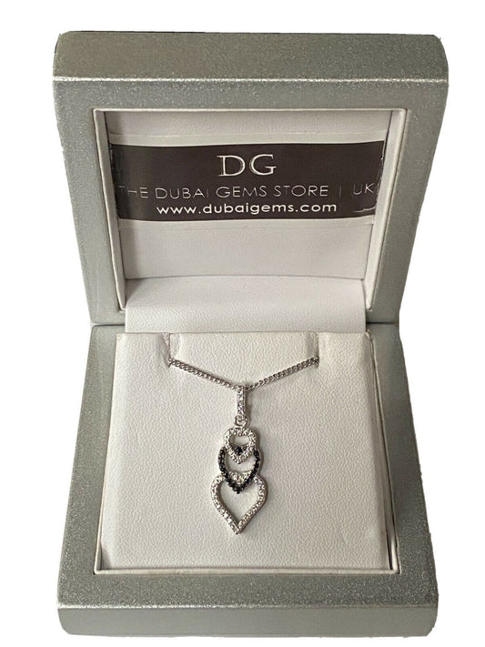White gold finish Triple heart Black Sapphire & created diamond pendant necklace